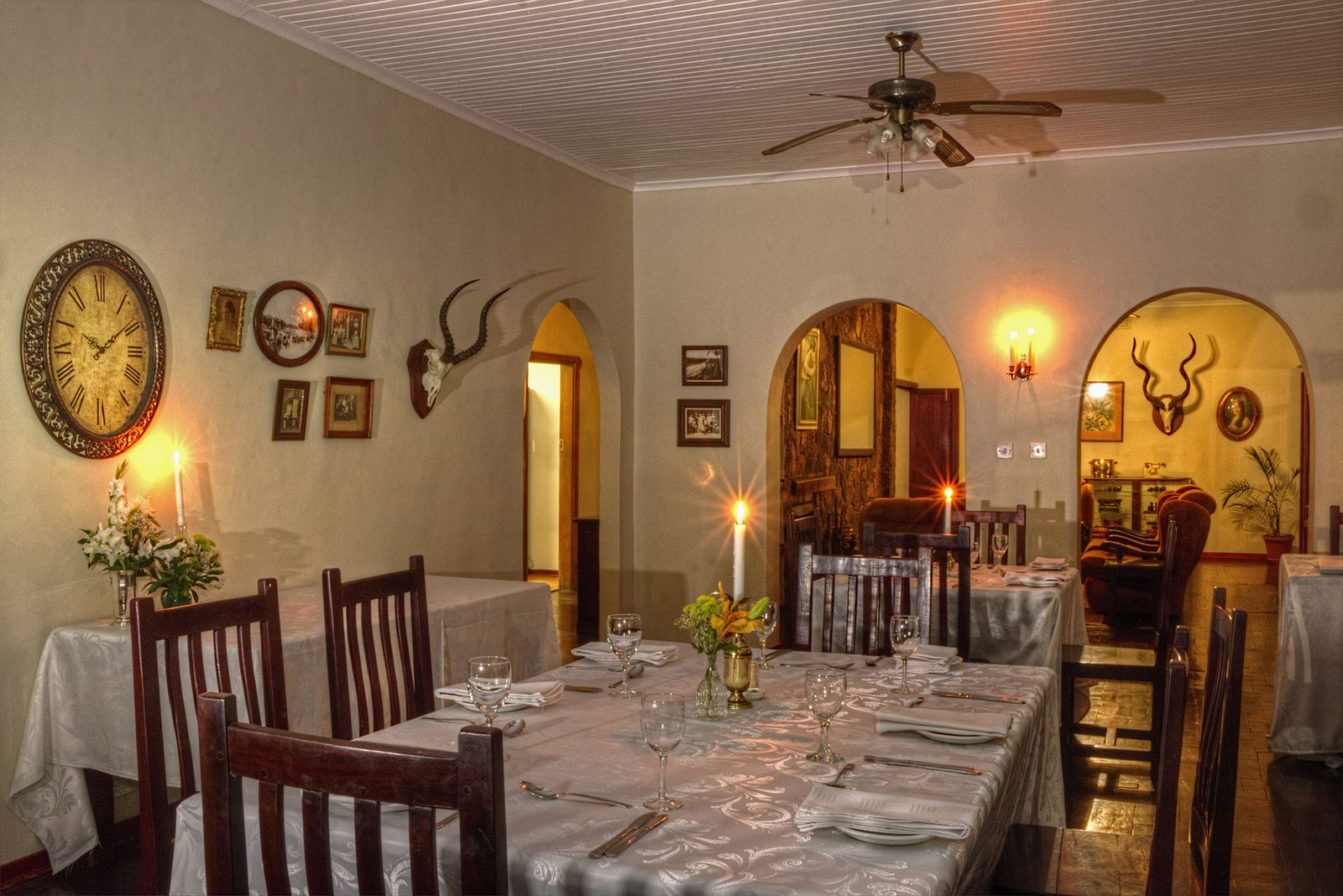 The dining room at Musketeers Lodge set for the evening