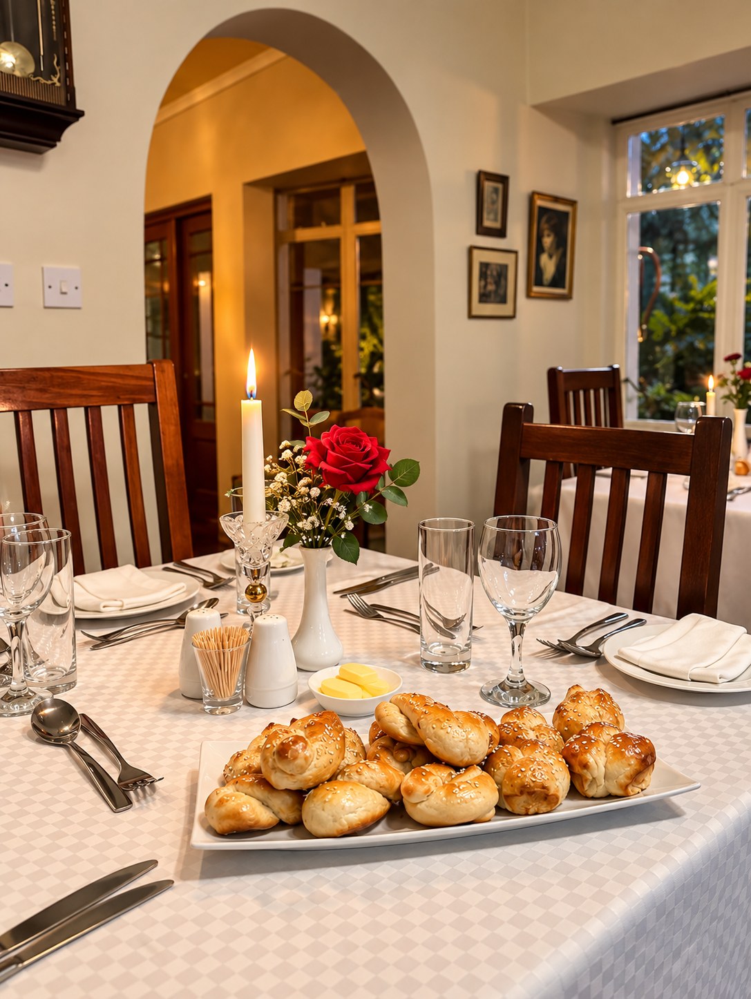 The dining room at Musketeers Lodge set for the evening